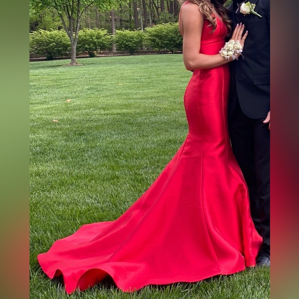 Sherri Hill Red Pleated Halter Prom Gown - Picture 3 of 15